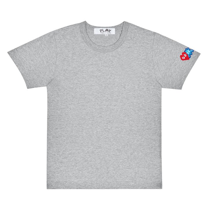 PLAY INVADER T-SHIRT RED AND BLUE SLEEVE EMBLEM (GREY) - comme des garcons